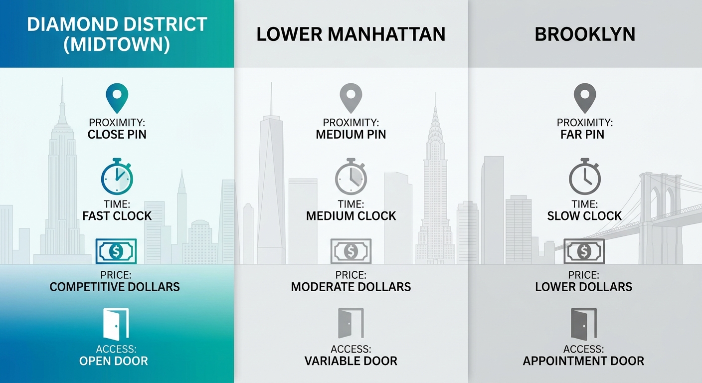 Horizontal infographic comparing Diamond District, Lower Manhattan, and Brooklyn for selling engagement rings using icons for proximity, speed, offers, and walk-in availability.