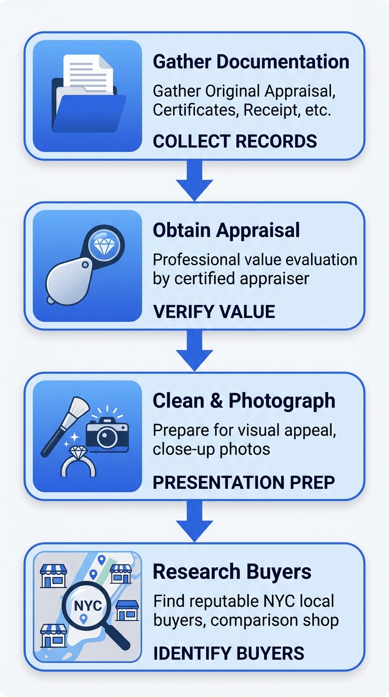 Vertical process flow diagram of four steps to prepare engagement ring for sale in NYC: gather documentation, obtain appraisal, clean and photograph, research licensed buyers.