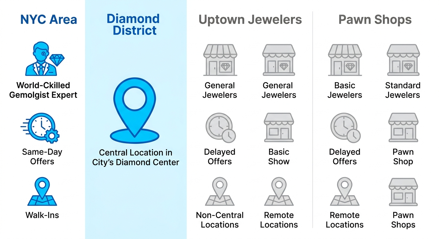 Comparative infographic of Diamond District, Uptown Jewelers, and Pawn Shops for selling diamonds in NYC, highlighting Diamond District advantages.