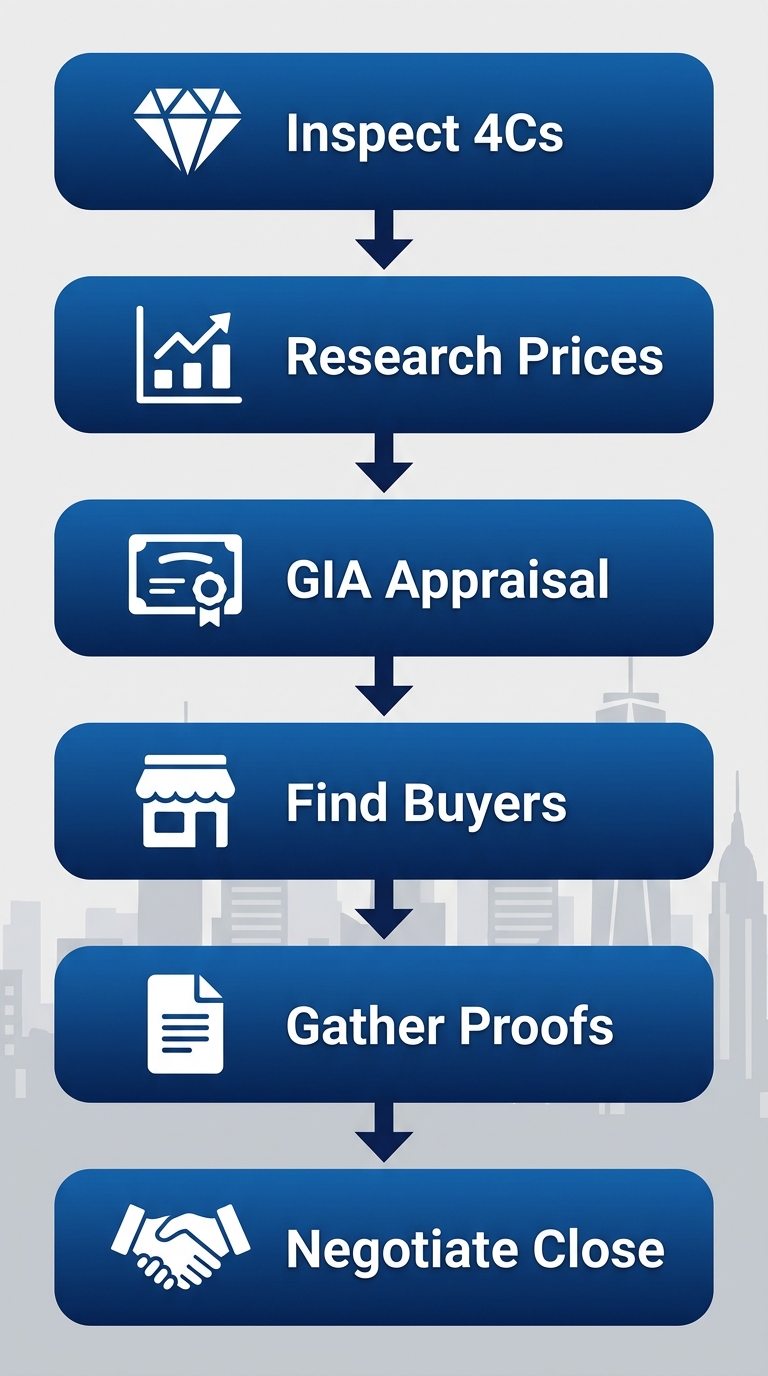 Vertical process flow diagram of six steps to sell diamonds in New York City Diamond District with icons