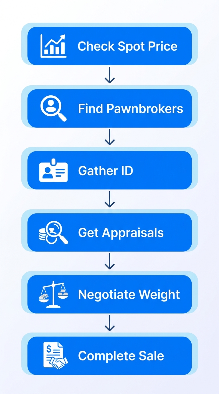 Vertical process flow diagram illustrating six steps to sell silver in New York City: check spot price, find licensed pawnbrokers, gather ID and proof, get multiple appraisals, negotiate purity and weight, complete sale with receipt.