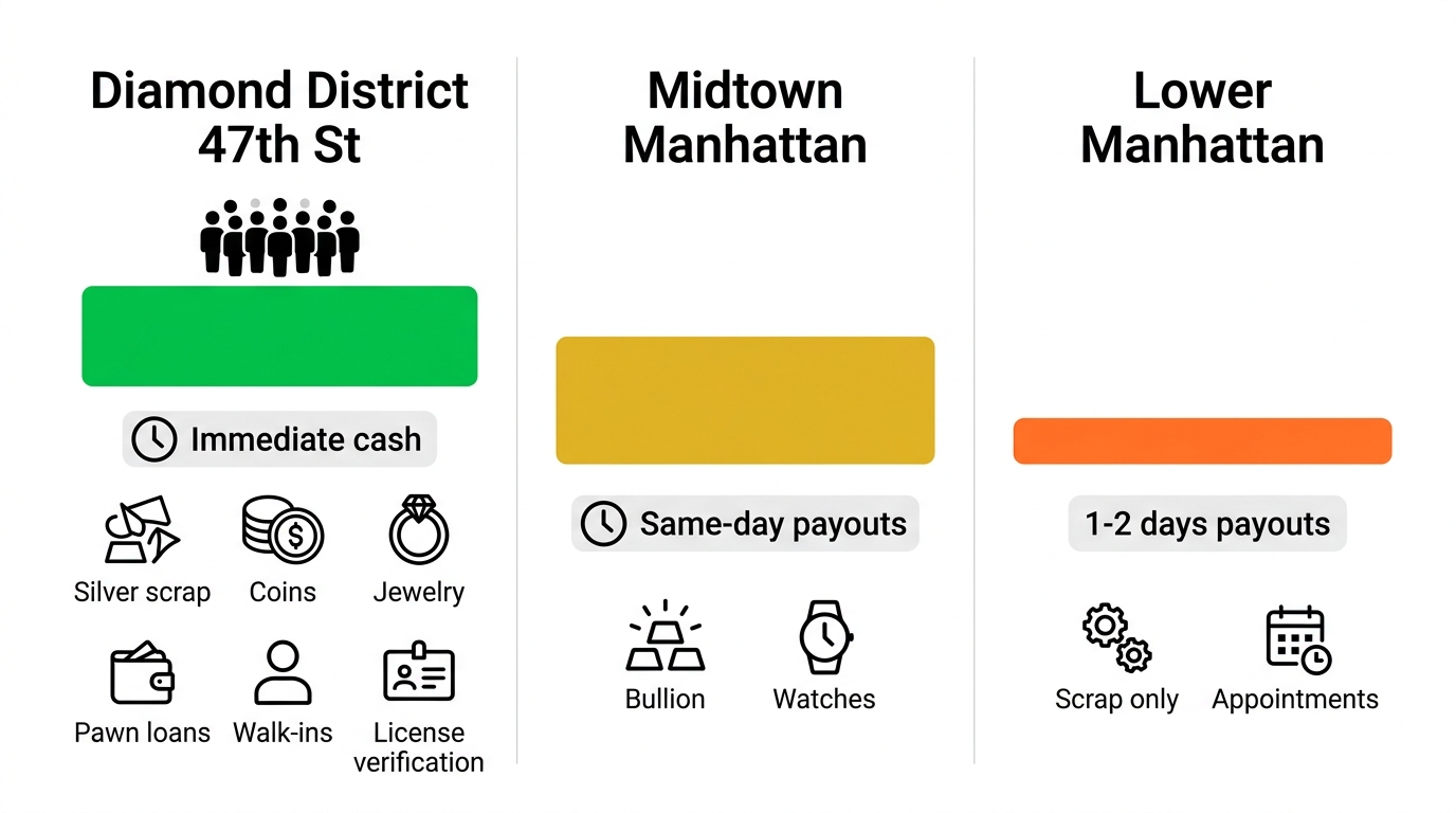 Infographic comparing NYC neighborhoods for selling silver: Diamond District high density immediate cash specialties, Midtown medium, Lower Manhattan low.