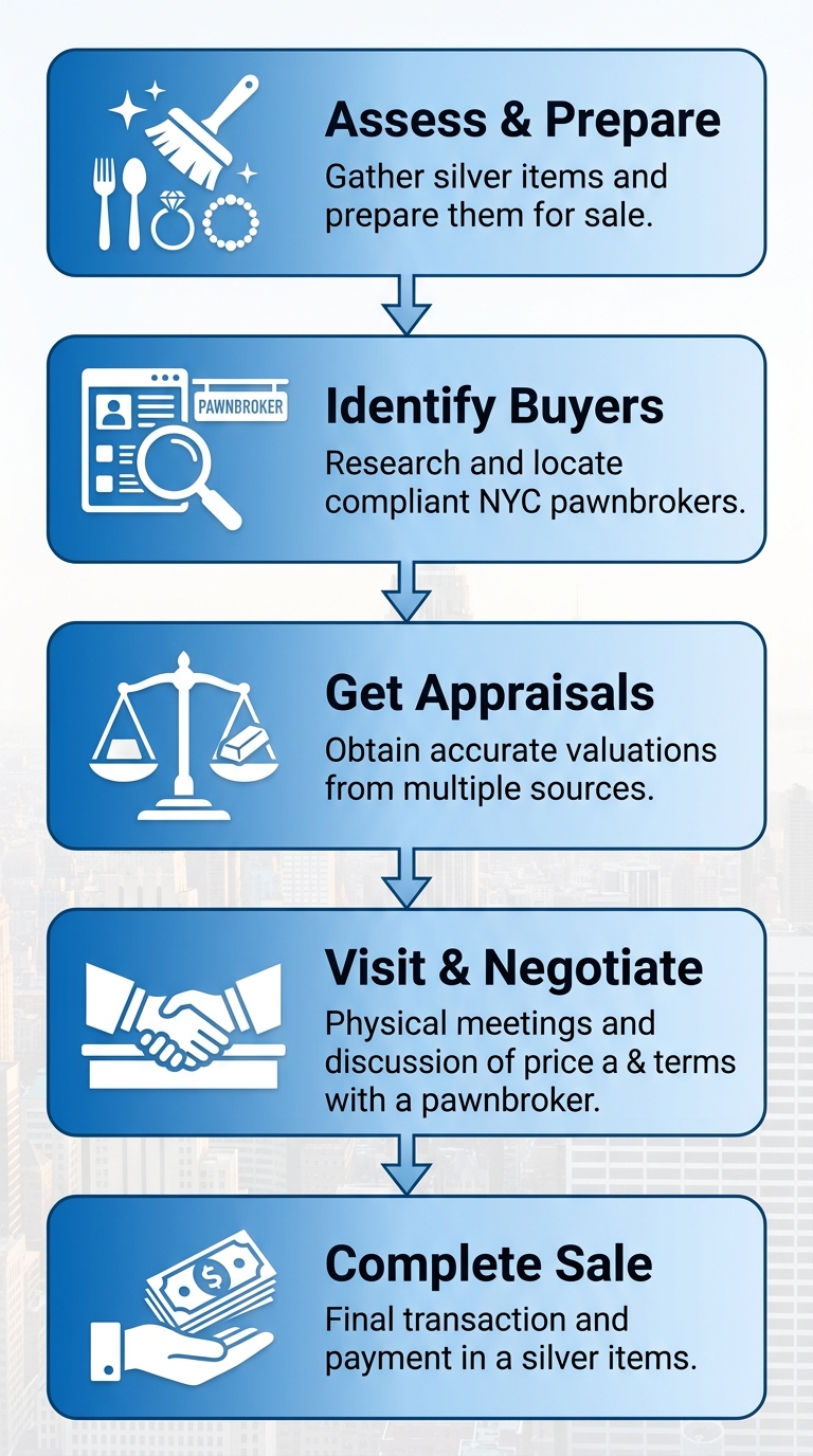 Vertical process flow diagram illustrating 5 steps to sell silver in NYC: assess and prepare, identify buyers, get appraisals, visit and negotiate, complete sale.