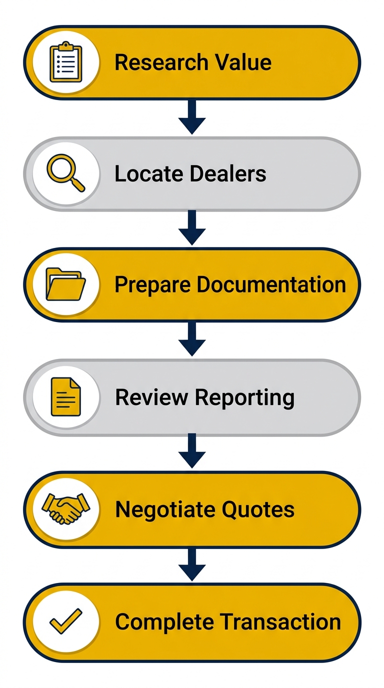Vertical process flow diagram with six steps for selling gold coins in New York City: research value, locate dealers, prepare documentation, review reporting, negotiate quotes, complete transaction, featuring relevant icons.
