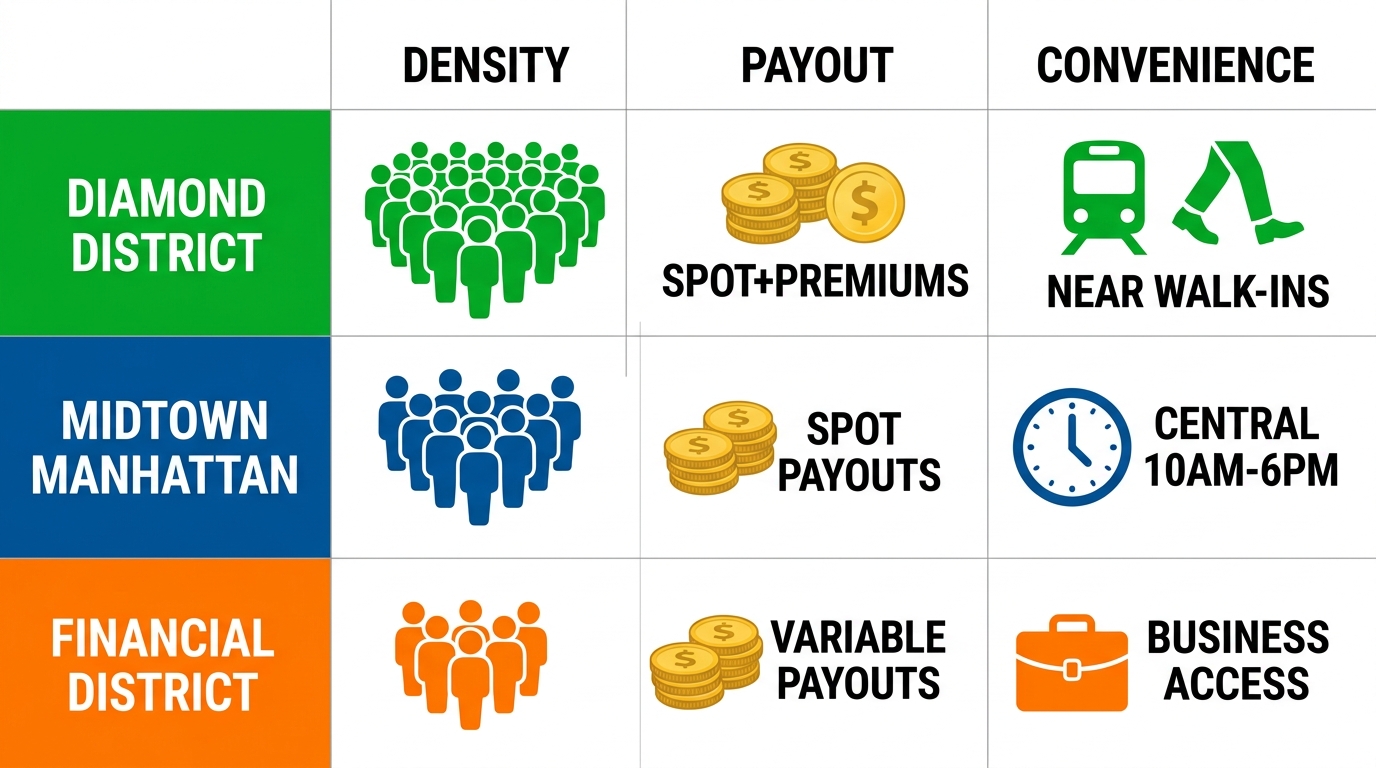 Infographic table comparing Diamond District, Midtown Manhattan, and Financial District for gold coin buyer density, payouts, and convenience in NYC