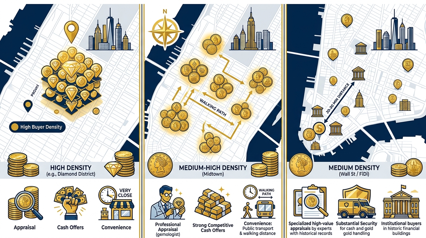 Infographic showing top NYC neighborhoods for selling rare gold coins: Diamond District, Midtown Manhattan, Wall Street with density icons, advantages, and map overlay.