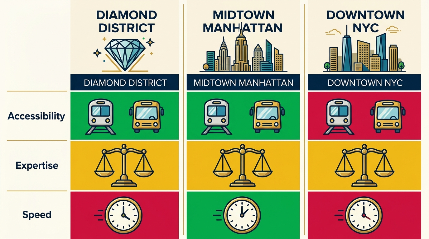Infographic comparing Diamond District, Midtown Manhattan, and Downtown NYC for gold coin sales by accessibility, expertise, and speed