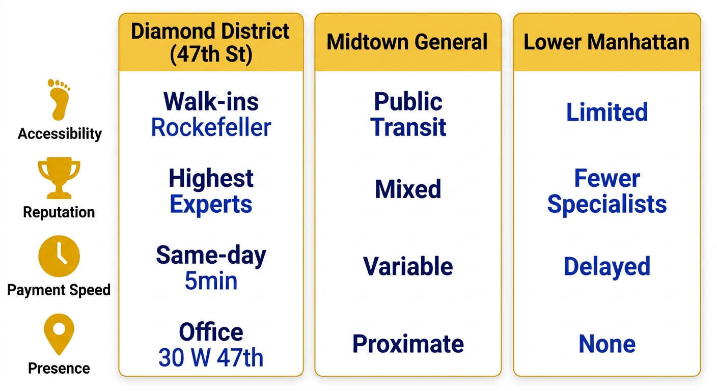 Infographic comparing Diamond District, Midtown General, and Lower Manhattan for gold coin sales accessibility, reputation, payment speed, and Buyers of New York presence with icons.