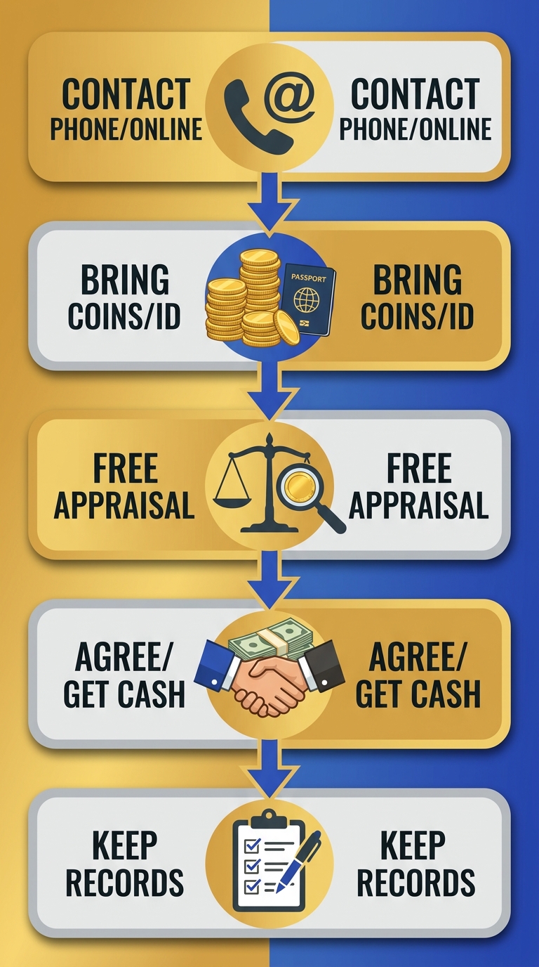 Vertical process flow diagram illustrating 5 steps to sell gold coins: contact, bring items, appraisal, payment, and records keeping