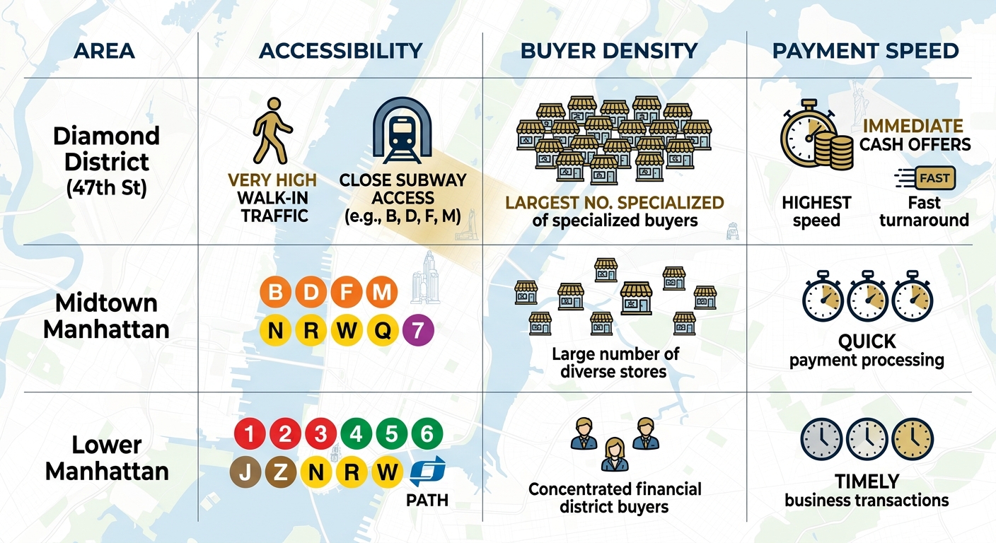 Infographic comparing NYC areas for silver coin sales: Diamond District leads in accessibility, buyer density, and payment speed.
