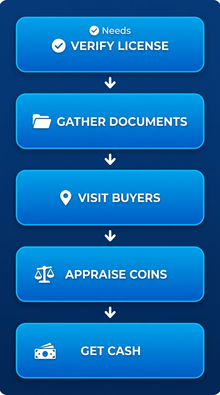 Vertical process flow diagram with 5 steps to sell silver coins in NYC, icons and blue gradients.