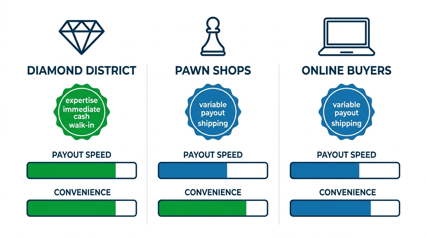 Infographic comparing Diamond District, pawn shops, and online buyers for selling silver coins in NYC