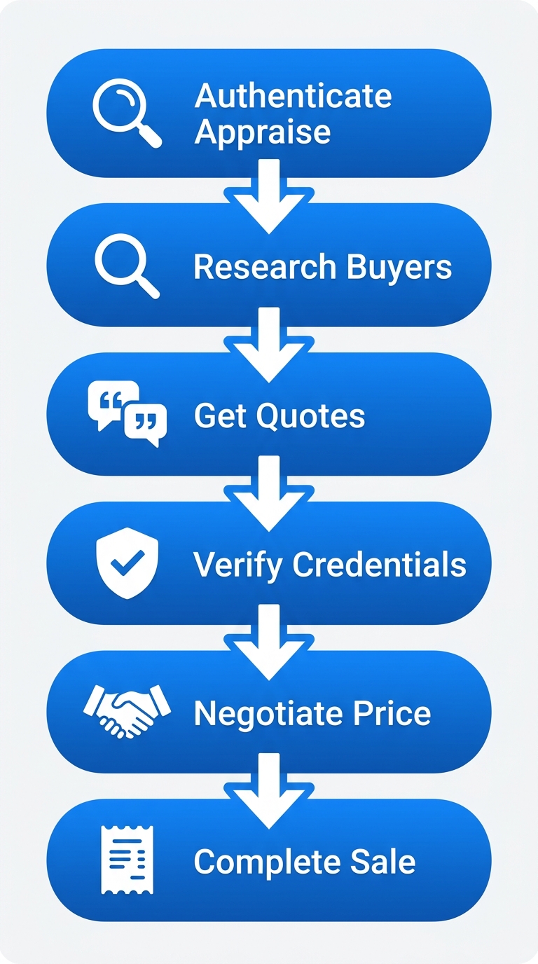 Vertical process flow diagram outlining 6 steps to sell silver coins in NYC