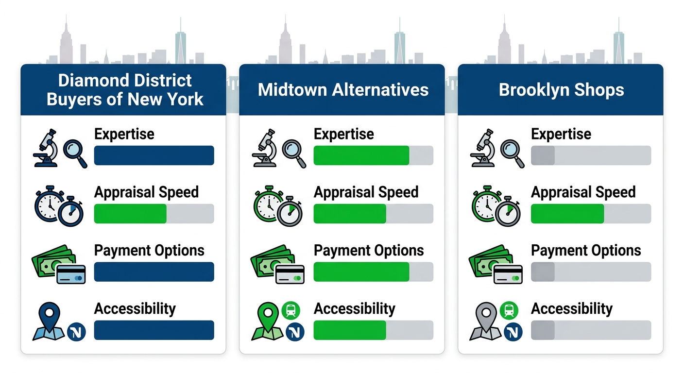 Infographic comparing NYC areas for selling rare silver coins, Diamond District advantages in expertise, speed, payments, accessibility