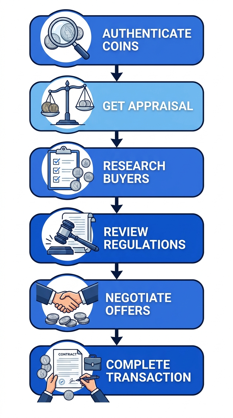 Vertical process flow diagram illustrating six steps to sell rare silver coins in NYC: authenticate, appraise, research buyers, review regulations, negotiate offers, complete transaction.