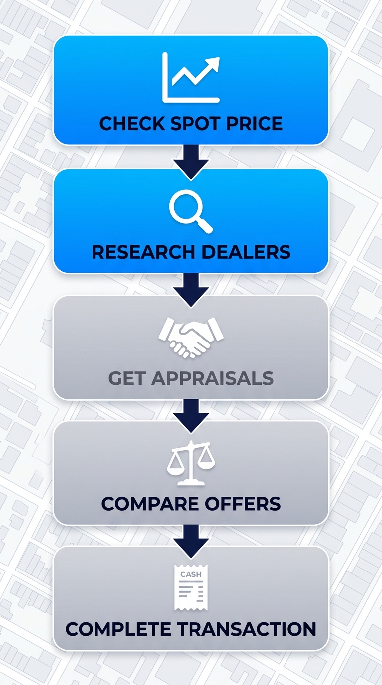 Vertical process flow diagram illustrating five steps to sell silver coins in New York City: check spot price, research dealers, get appraisals, compare offers, complete transaction.