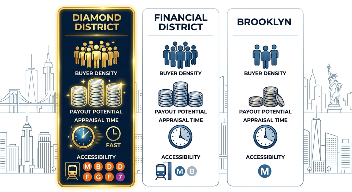 Infographic comparing Diamond District, Financial District, and Brooklyn for selling silver coins using icons for buyer density, payouts, appraisal time, and accessibility