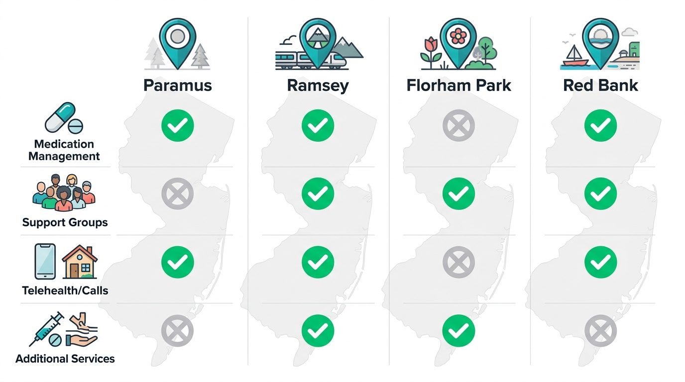 Infographic comparing weight loss services across four North Jersey Health & Wellness locations: Paramus, Ramsey, Florham Park, Red Bank