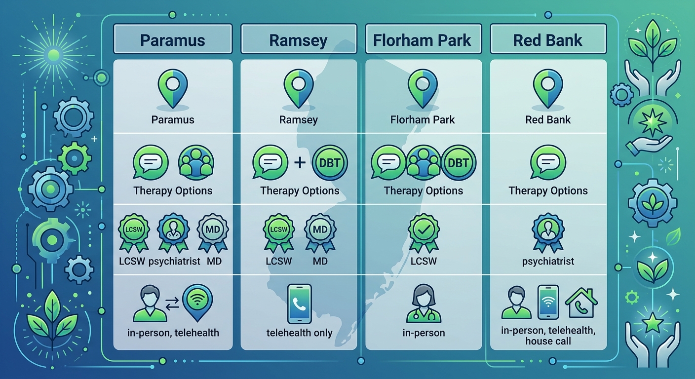 Infographic matrix comparing anger management services at Paramus, Ramsey, Florham Park, and Red Bank locations, featuring icons for therapy options, providers, and access methods.