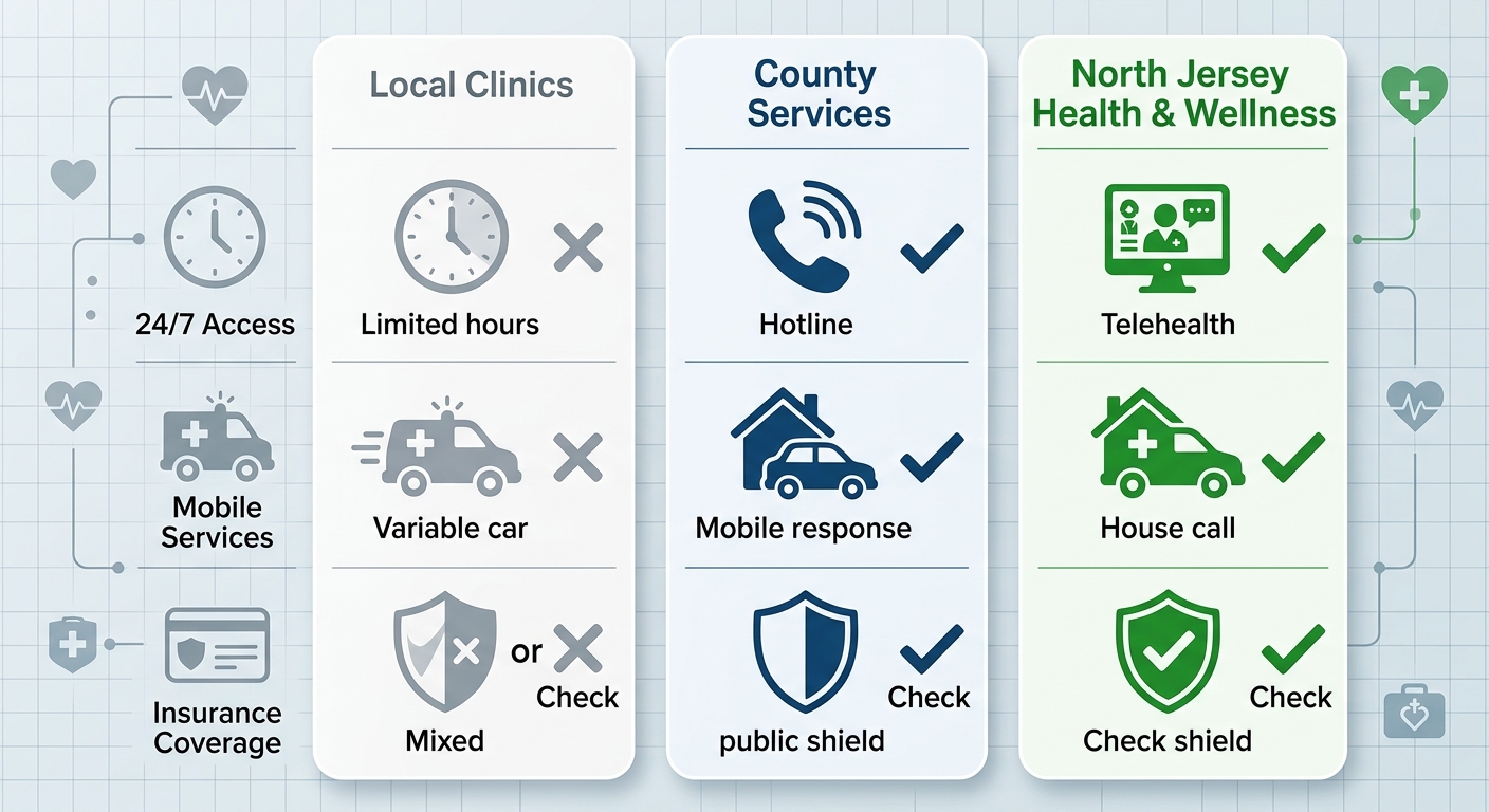 Infographic comparing crisis intervention services: Paramus local clinics, Bergen County services including Family Guidance hotline and mobile visits, versus North Jersey Health & Wellness telehealth, house calls, and insurance advantages.