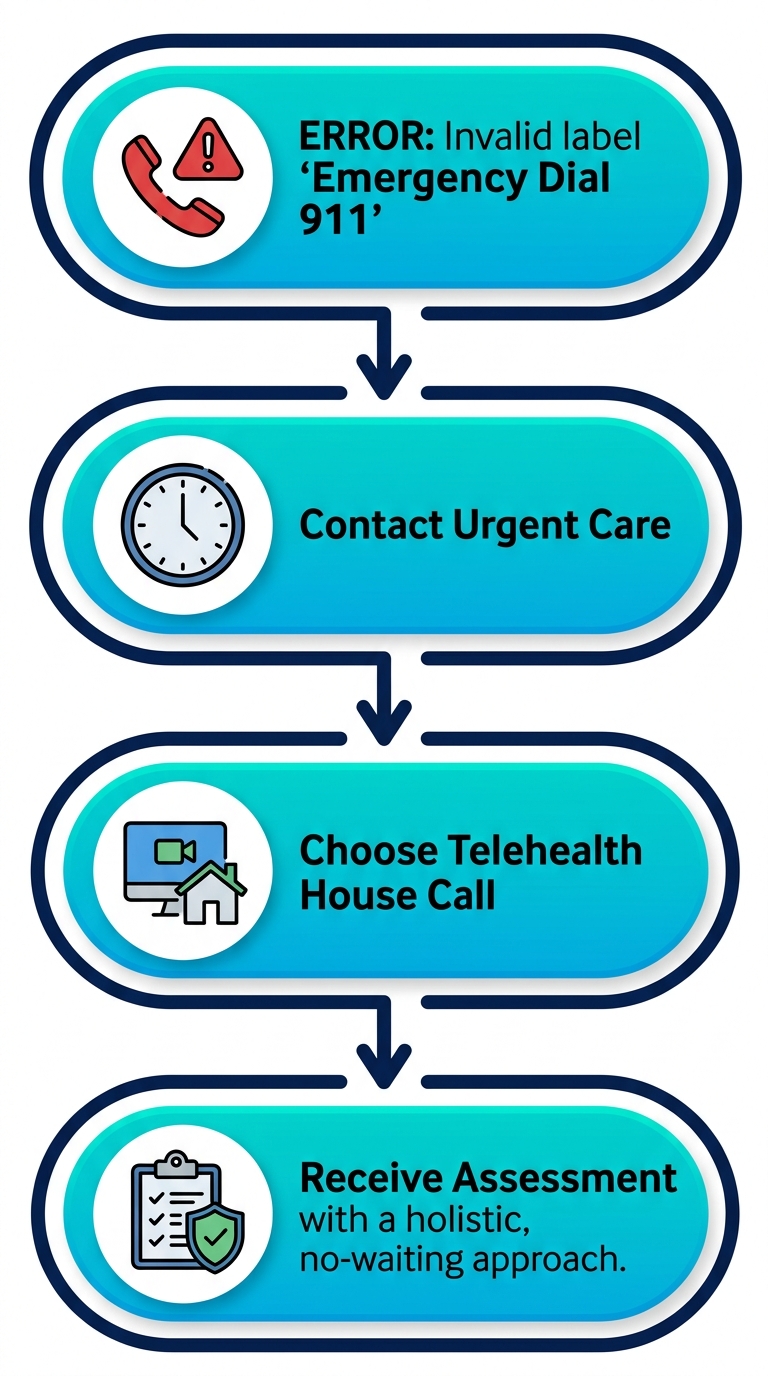 Vertical flowchart illustrating four steps to access crisis support in Paramus: dial 911 for emergencies, contact urgent care, select telehealth or house call, receive assessment and stabilization.