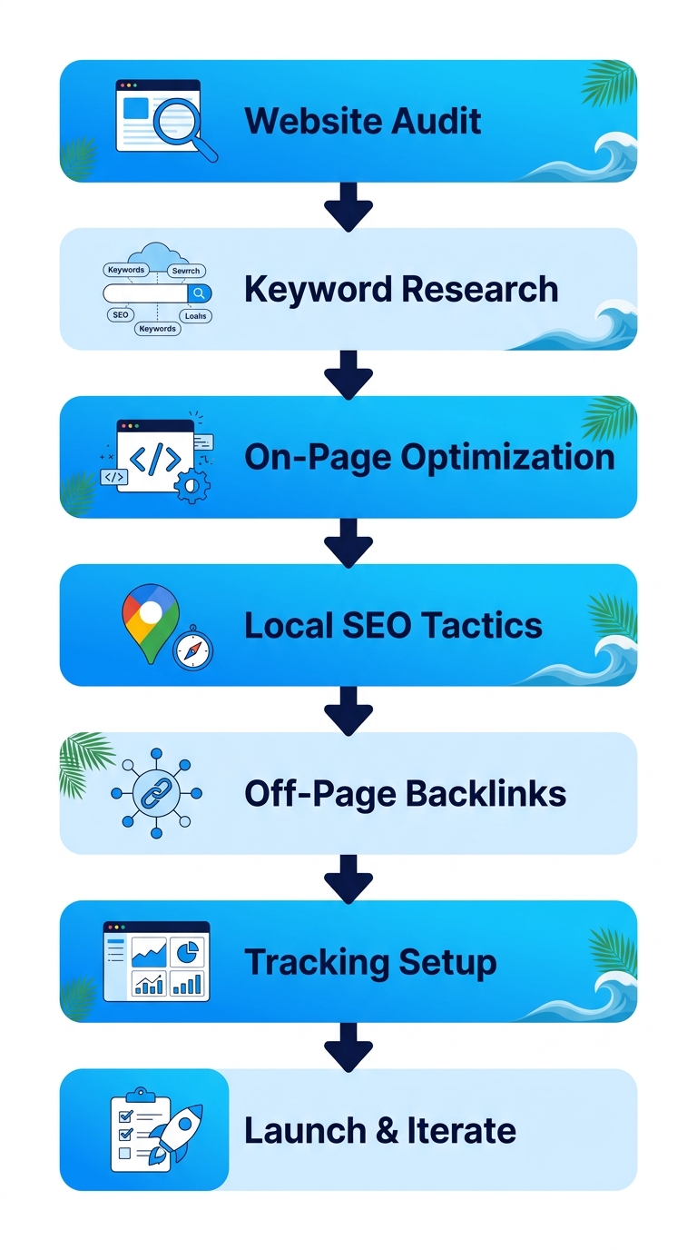 Vertical process flow diagram of seven steps to launch SEO in Fort Lauderdale with icons and blue gradients.