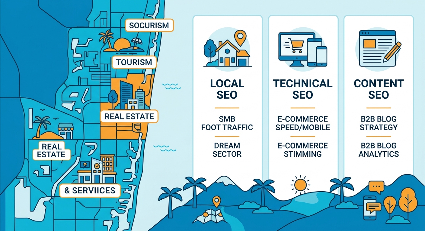 Infographic illustrating Fort Lauderdale business landscape with key sectors and three SEO types comparison: Local, Technical, Content.
