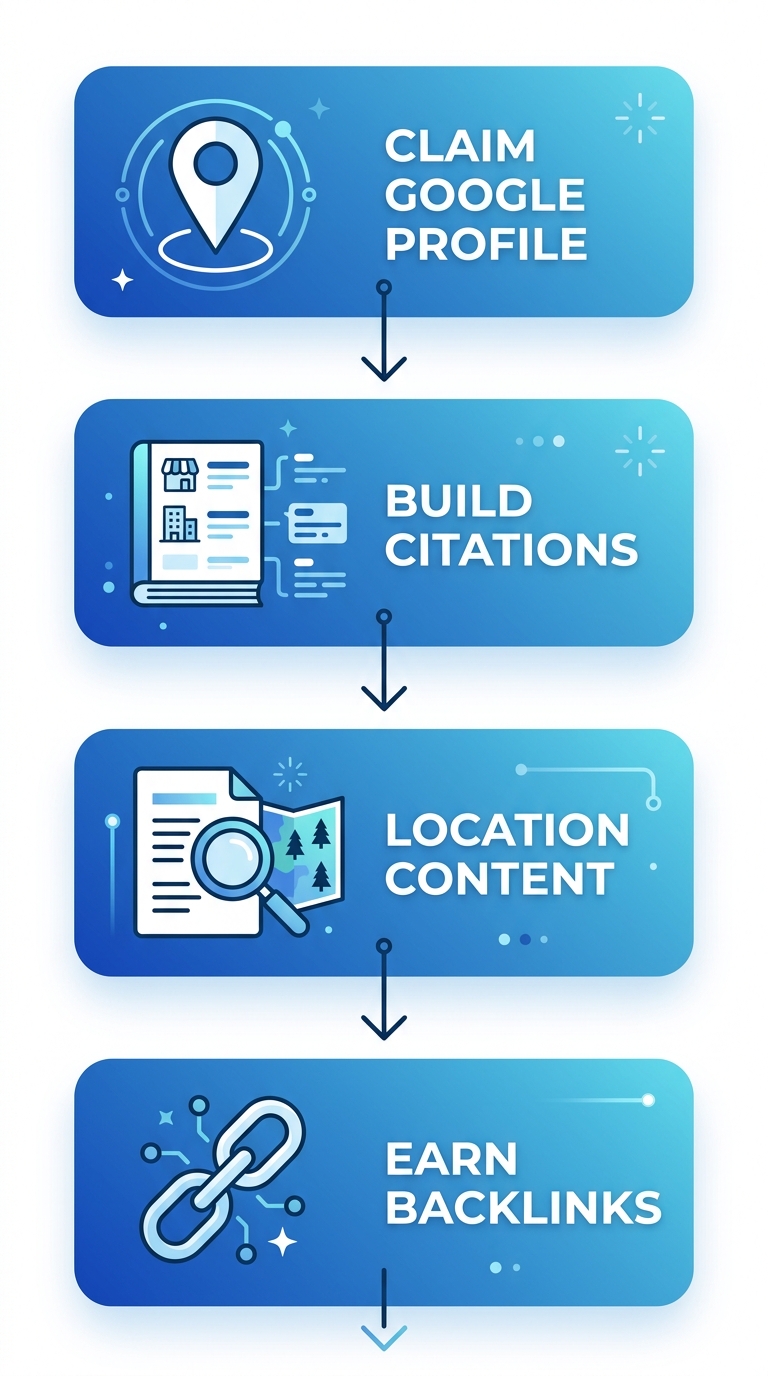 Vertical process flow diagram illustrating four key stages of local SEO strategy: claiming Google Business Profile, building local citations, creating location-specific content, and earning local backlinks.