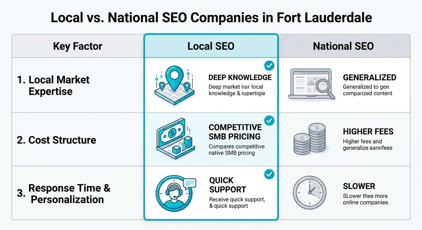Infographic comparing local and national SEO companies in Fort Lauderdale across market expertise, cost structure, and response time