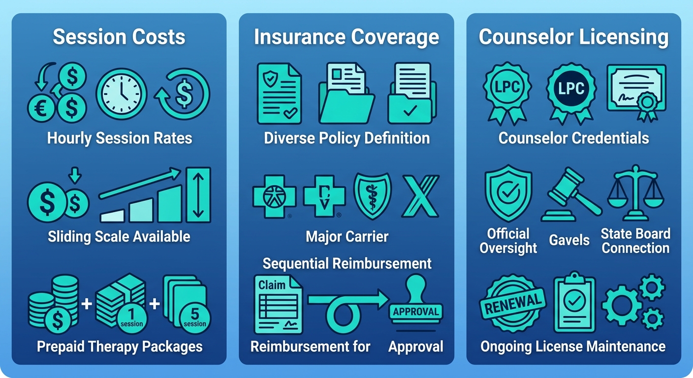 Infographic divided into three panels showing costs, insurance coverage, and licensing for online mental health therapy at North Jersey Health & Wellness