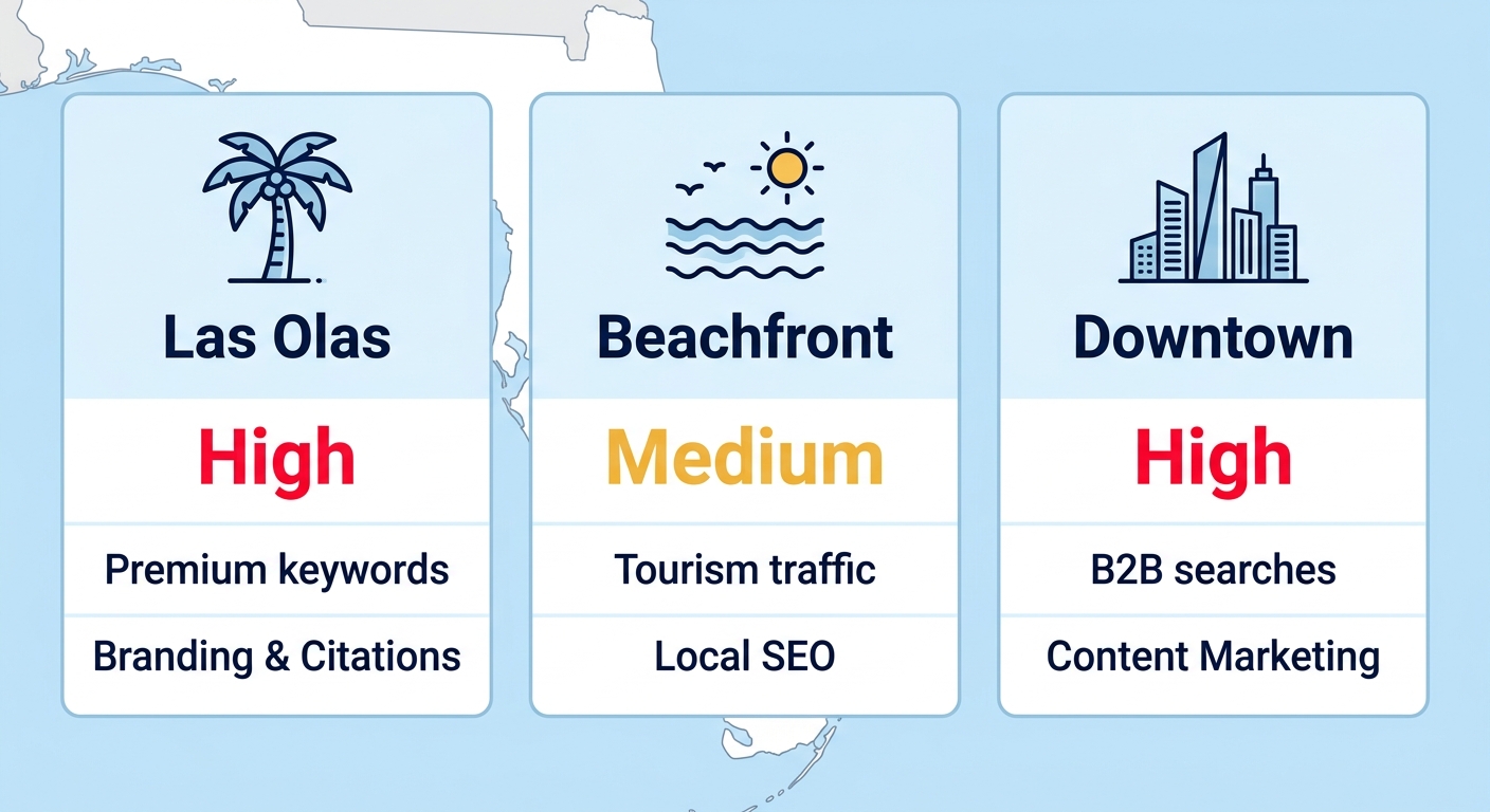 Infographic showing SEO competition levels, search potential, and recommendations for Fort Lauderdale neighborhoods: Las Olas, Beachfront, and Downtown
