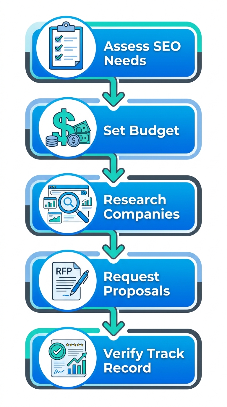 Vertical process flow diagram with five stages: assess SEO needs with clipboard icon, set competitive budget with dollar sign, research local companies with search icon, request proposals with document icon, verify track record with checkmark icon, for choosing affordable SEO in Fort Lauderdale.