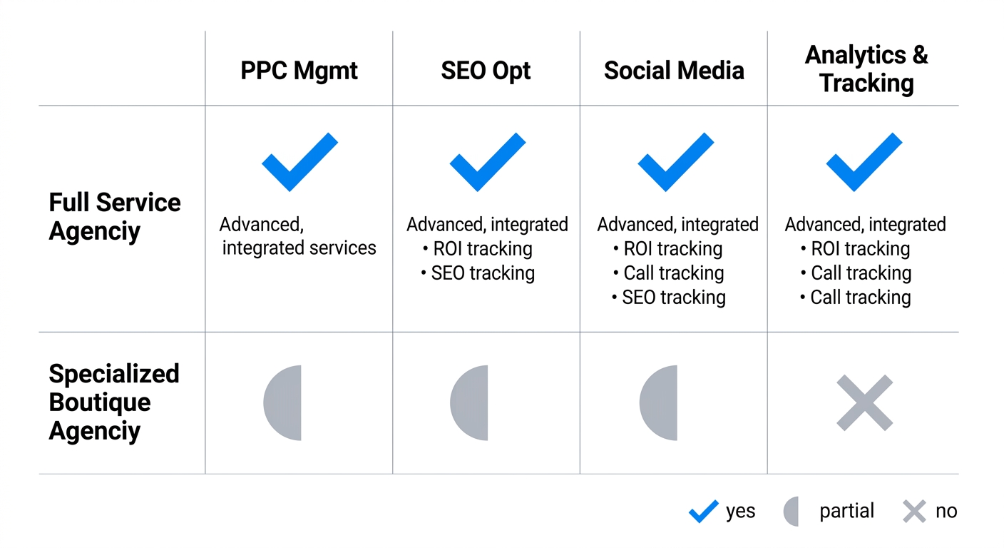 Infographic table comparing full-service digital marketing agencies versus specialized boutiques using color-coded icons for PPC, SEO, social media, and analytics services.