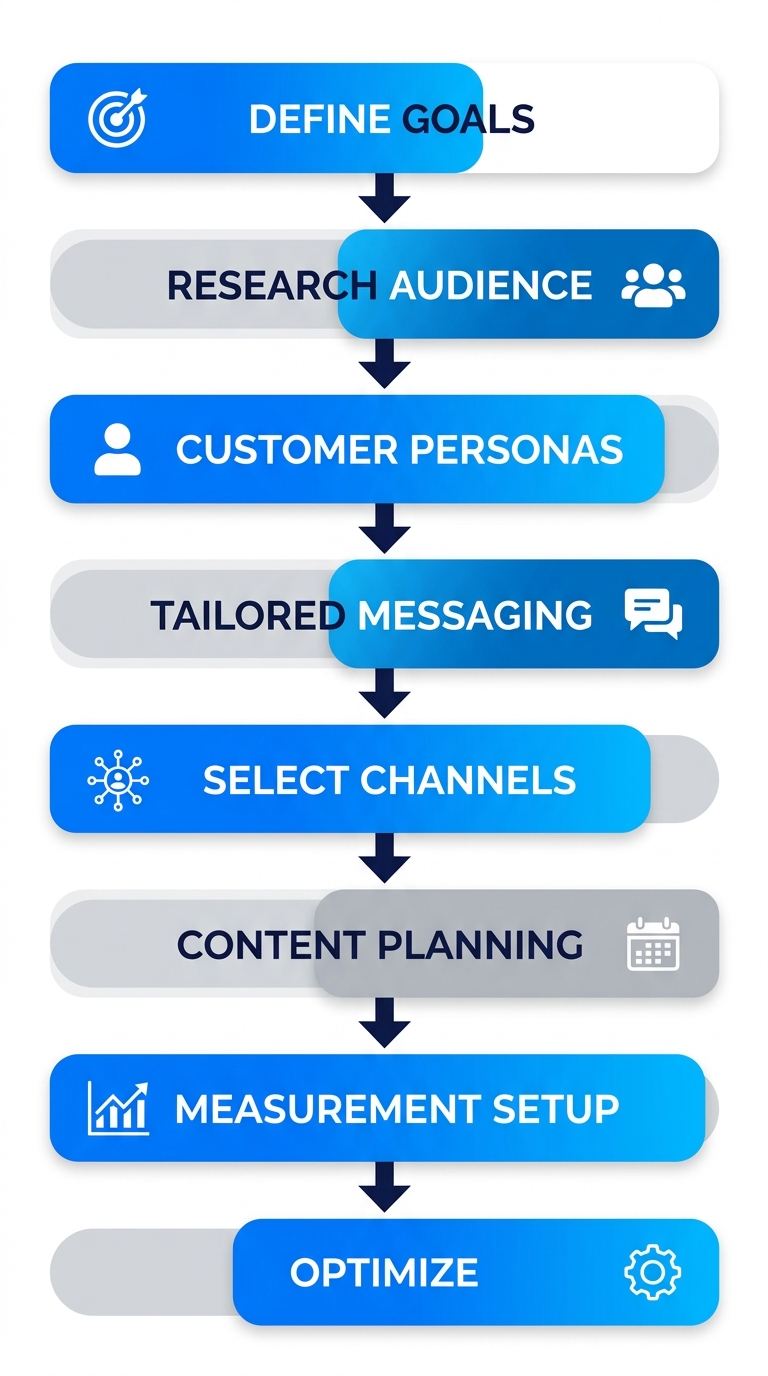 Vertical process flow diagram showing 8 stages to partner with a Fort Lauderdale digital marketing agency, with icons for goals, audience, personas, messaging, channels, content, measurement, and optimization.