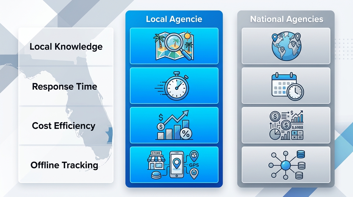 Comparison infographic of local versus national PPC agencies in Fort Lauderdale by criteria like market knowledge, response time, cost efficiency, and offline tracking with illustrative icons.