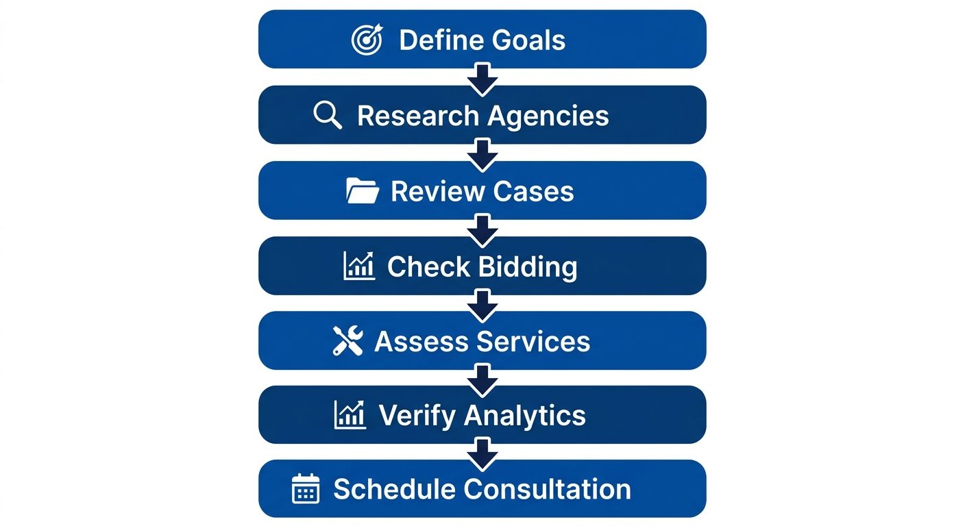 Vertical process flow diagram with 7 steps to hire a PPC agency: define goals, research agencies, review cases, check bidding, assess services, verify analytics, schedule consultation.