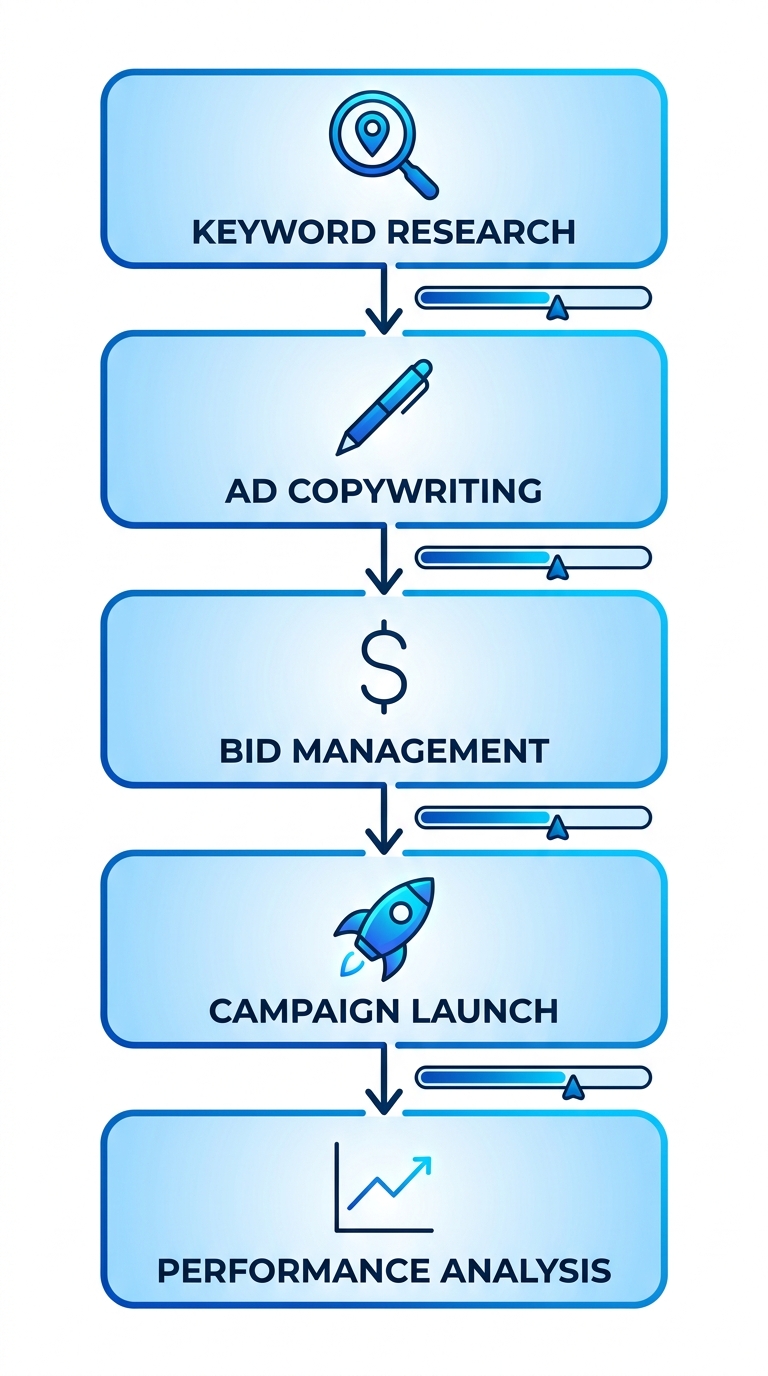 Vertical process flow diagram of 5 steps for starting PPC campaigns: keyword research, ad copywriting, bid management, campaign launch, performance analysis in Fort Lauderdale