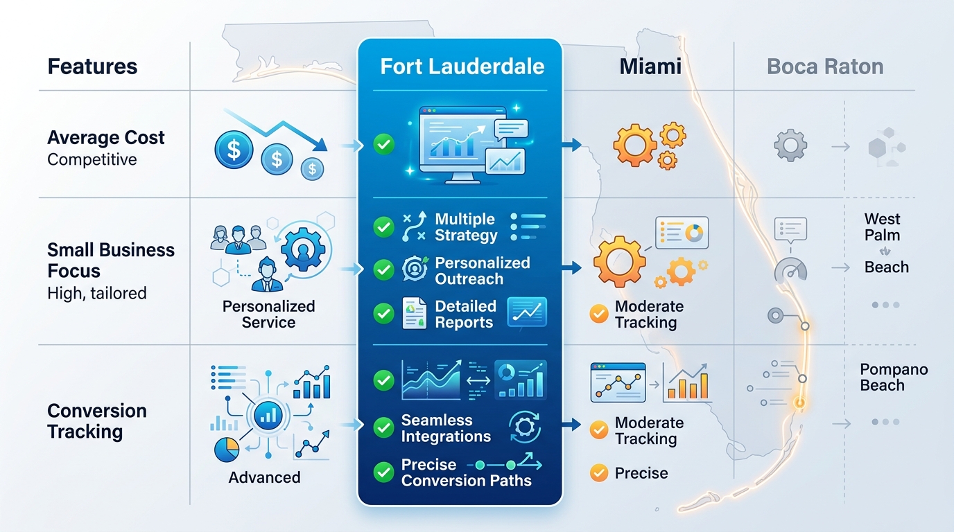 Infographic comparing PPC features across Fort Lauderdale, Miami, and Boca Raton with Fort Lauderdale highlighted.