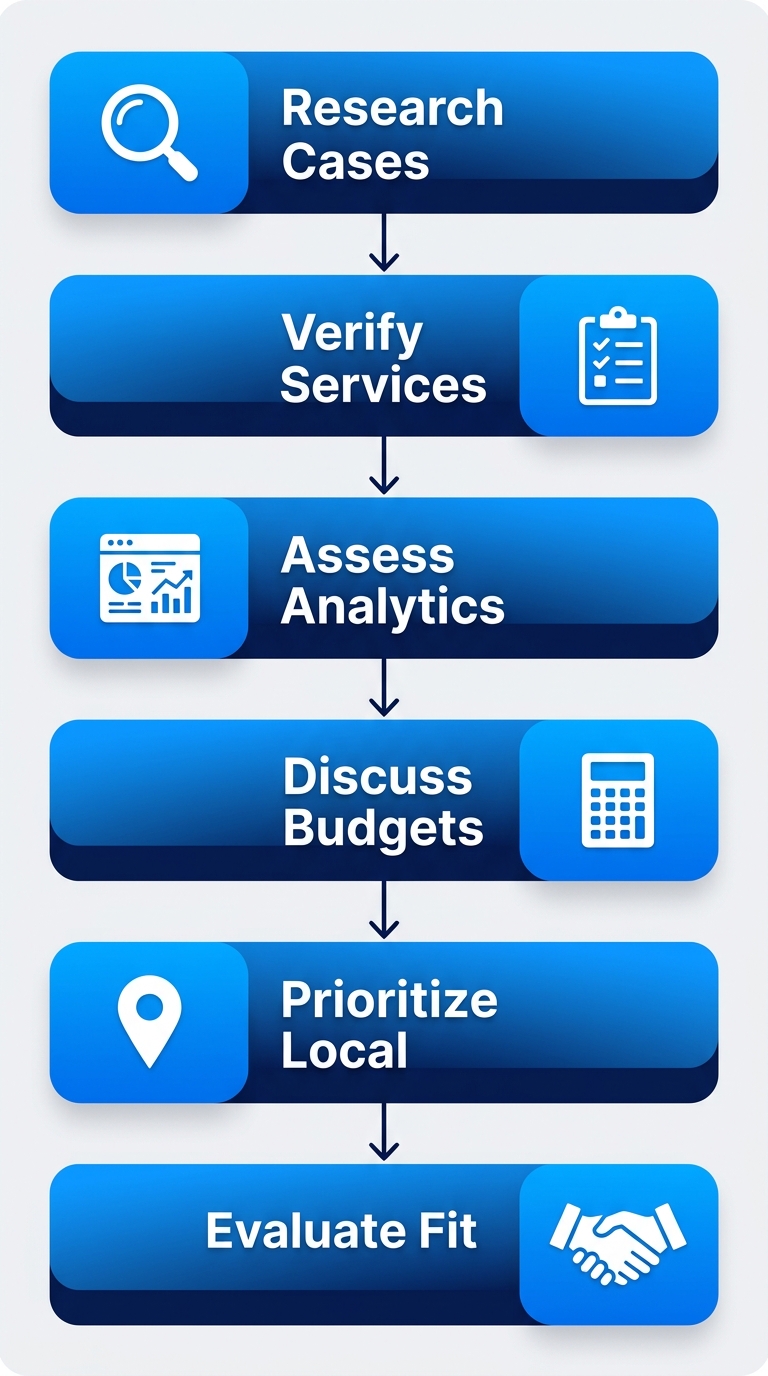 Vertical process flow diagram with 6 steps to select an ideal internet marketing partner, icons for research, services verification, analytics, budgets, local expertise, and fit evaluation
