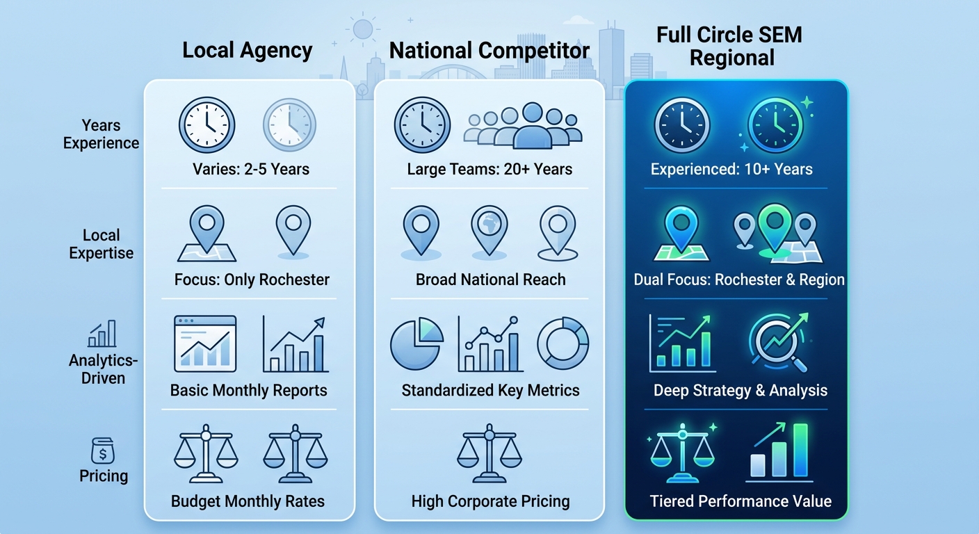 Infographic comparing SEO agencies in Rochester NY: local, national, and Full Circle SEM on experience, expertise, analytics, and pricing