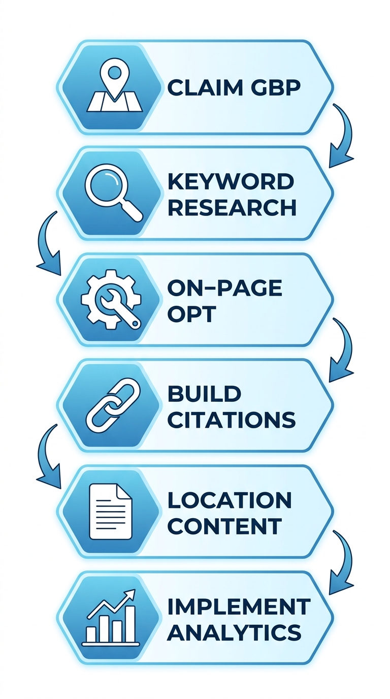 Vertical process flow diagram illustrating 6 steps to launch local SEO in Rochester with icons and labels