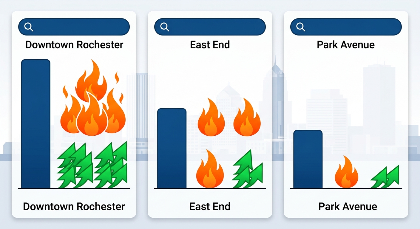 Infographic illustrating Local SEO opportunities in Rochester neighborhoods: Downtown high search and competition, East End medium, Park Avenue low-medium search with low competition, using icons for volume, intensity, and ROI potential.