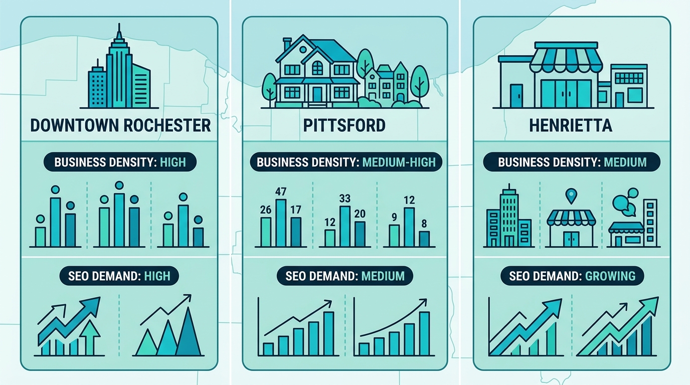 Infographic comparing business density and SEO demand in Downtown Rochester, Pittsford, and Henrietta areas