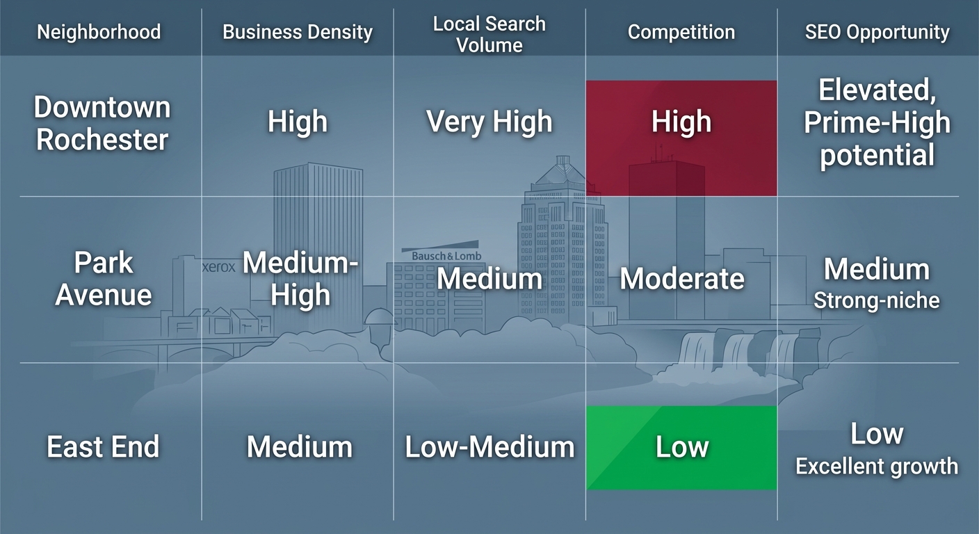 Infographic comparing Rochester neighborhoods for local SEO: Downtown, Park Avenue, East End metrics on density, search volume, competition, opportunity.