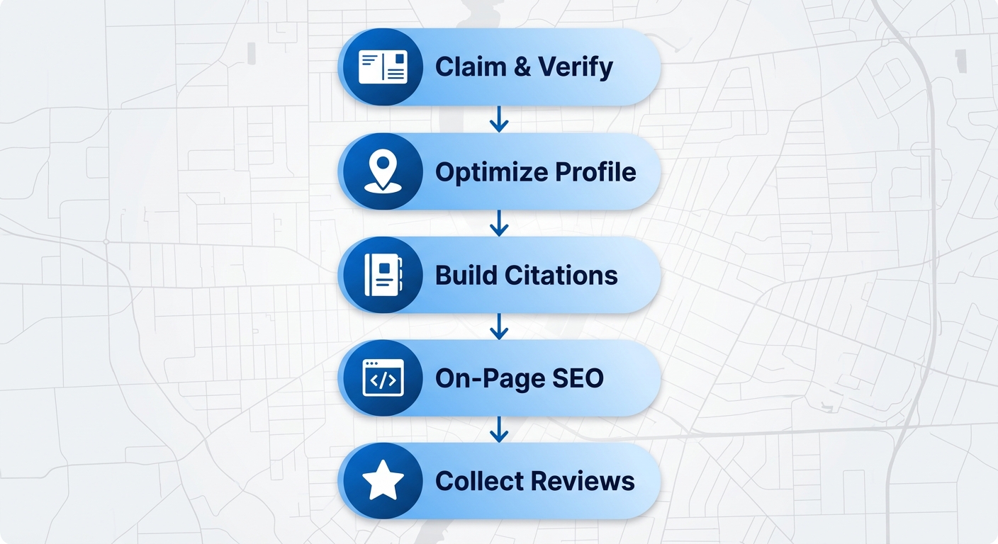 Vertical process flow diagram of five stages to launch local SEO in Rochester: claim and verify profile, optimize profile, build citations, on-page SEO with schema, collect reviews.