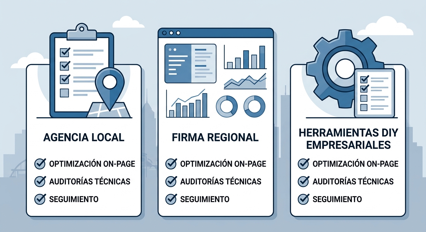 Infográfico de tres columnas mostrando tipos de proveedores SEO para negocios de Rochester: Agencia Local, Firma Regional y Herramientas DIY Empresariales, con iconos y checkmarks de servicios.
