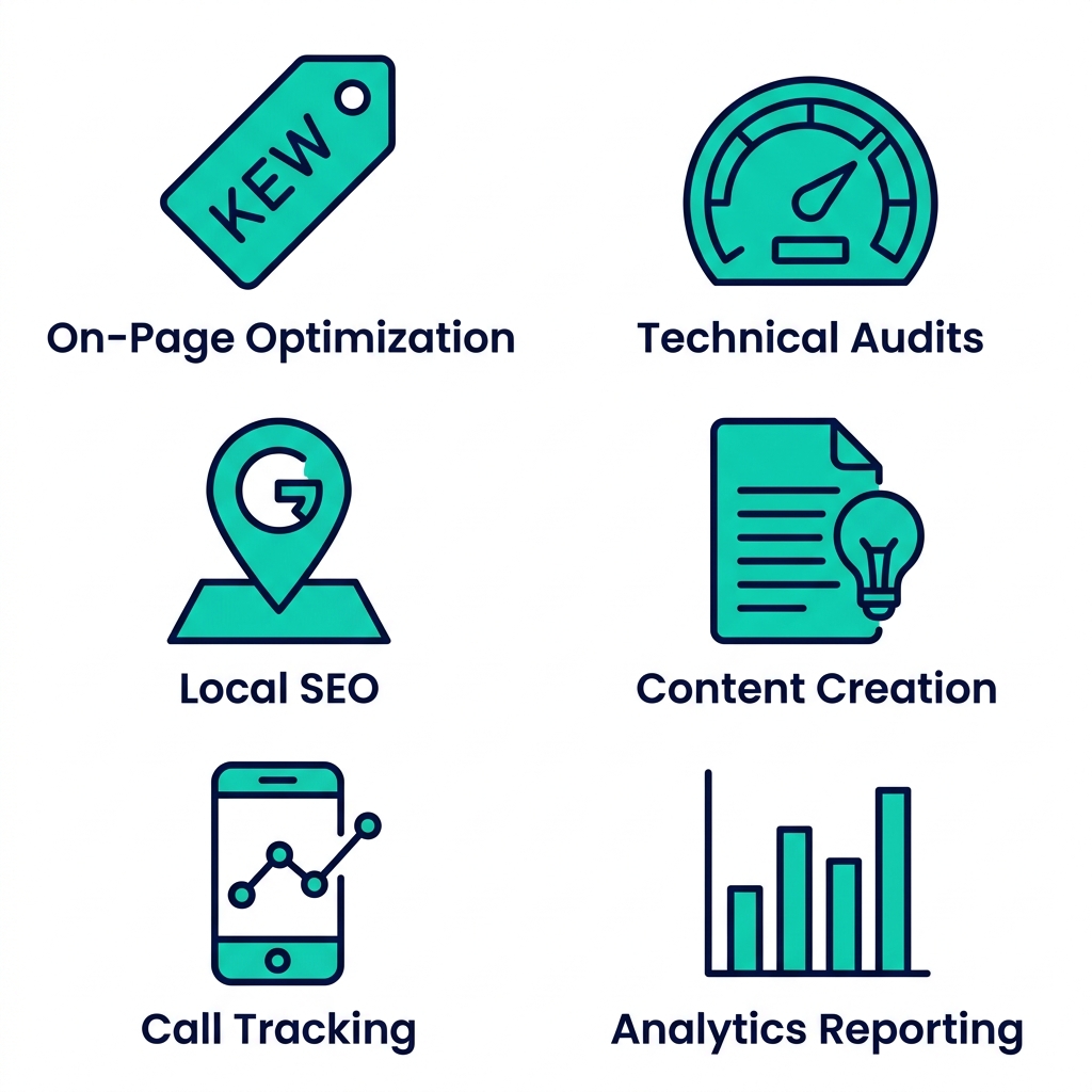Grid of six outline icons representing key SEO services: on-page optimization keyword tag, technical audits speedometer, local SEO map pin, content creation document bulb, call tracking phone graph, analytics reporting bar chart, with short labels below each.