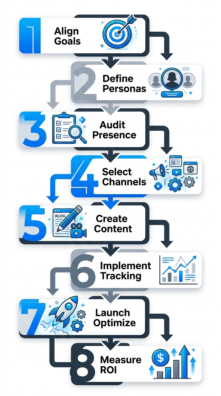 Vertical process flow diagram illustrating 8 steps to launch digital marketing strategy for Rochester businesses, with icons and minimal stage labels.