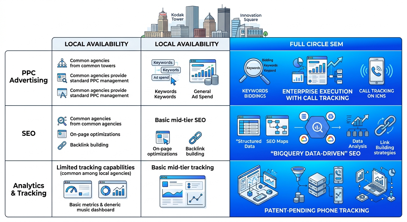 Infographic comparing Rochester local digital marketing services availability against Full Circle SEM strengths in PPC, SEO, and analytics.