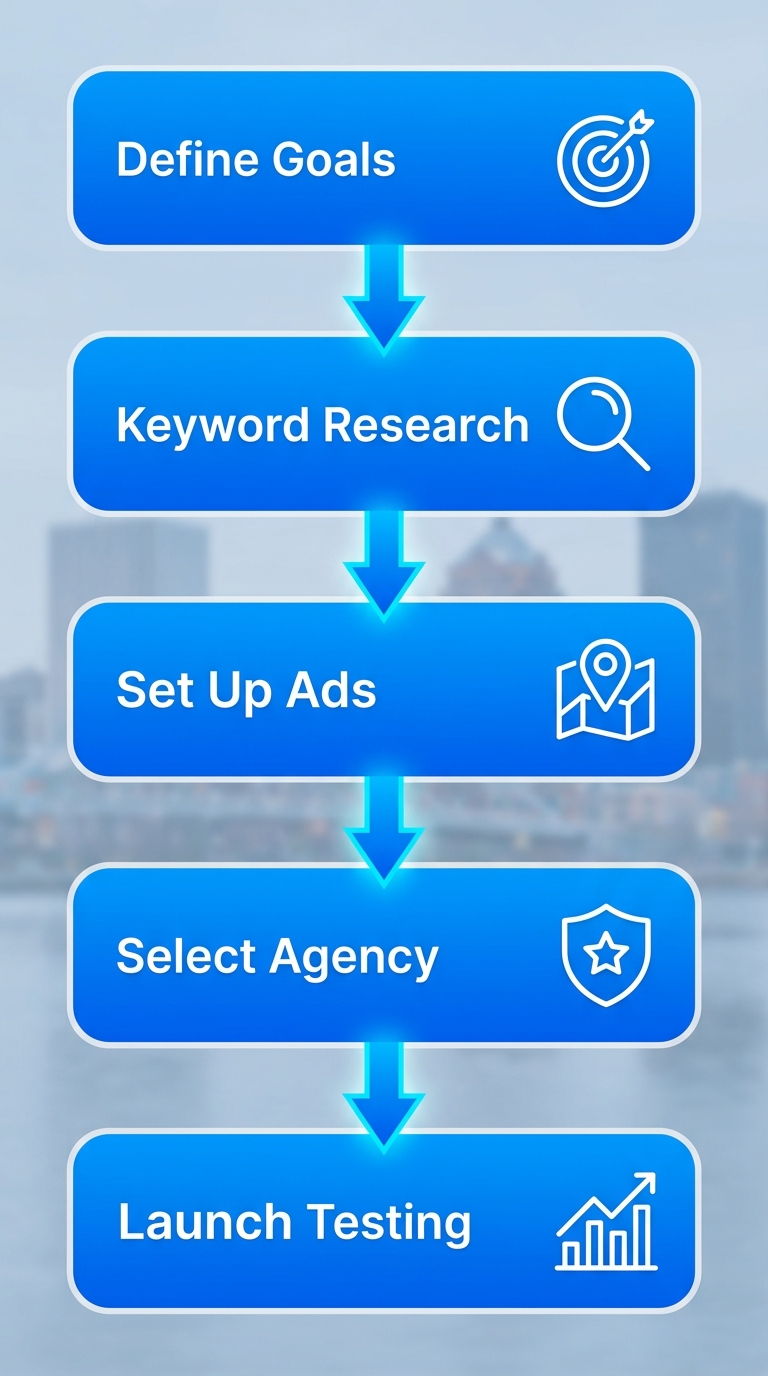 Vertical process flow illustrating five key steps for Rochester businesses to launch PPC campaigns.